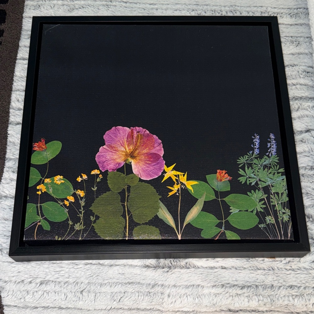 Floral Art Print on Black Canvas - Picture 1 of 3